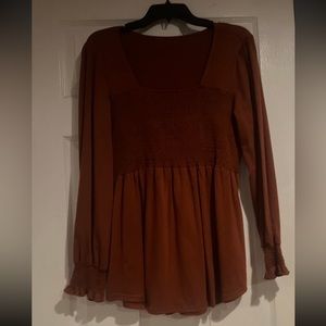 Shirred puff sleeve long sleeve babydoll blouse Rust brown XL NWT